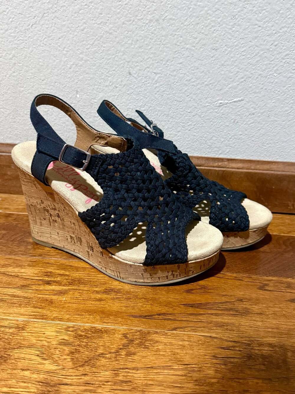Jellypop Mosaic Wedge Sandals Size 6.5M Navy Blue Cork Heel